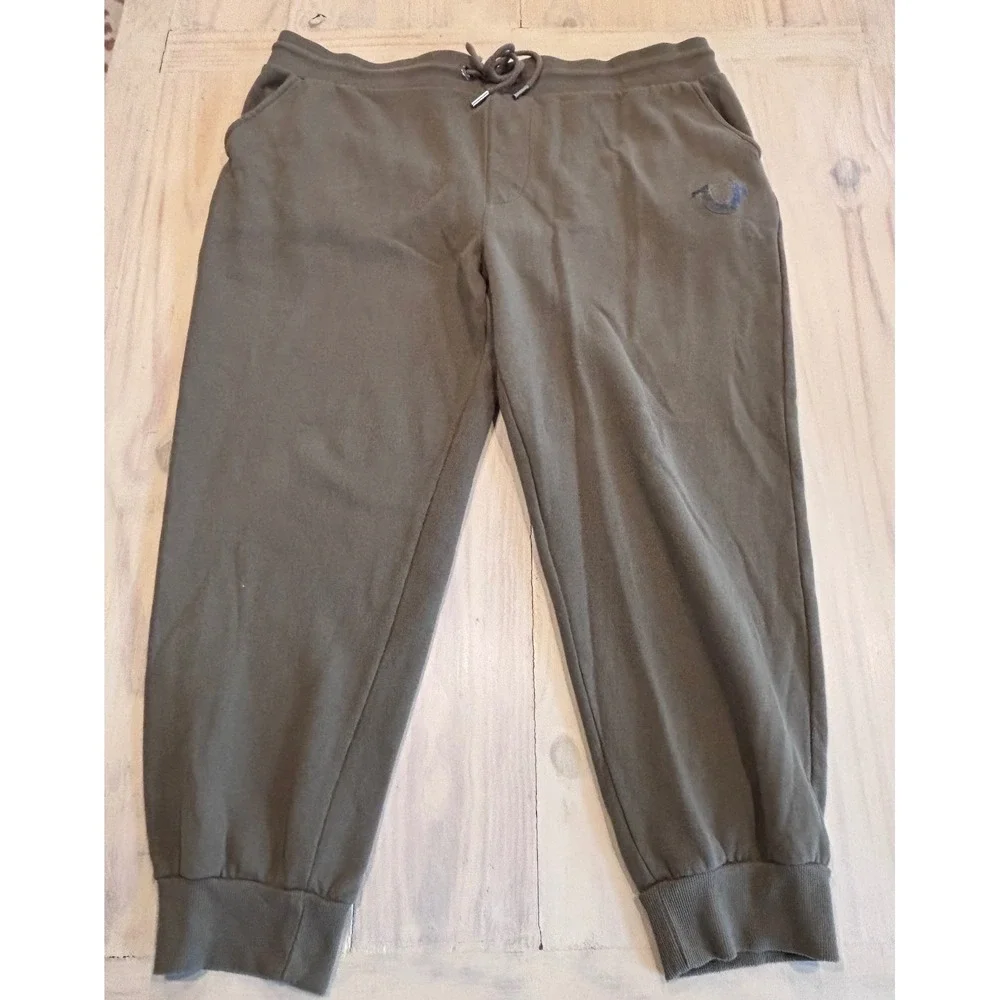True Religion Mens 3XL Olive Green Fleece Jogger‎ Sweatpants Horseshoe Logo EUC